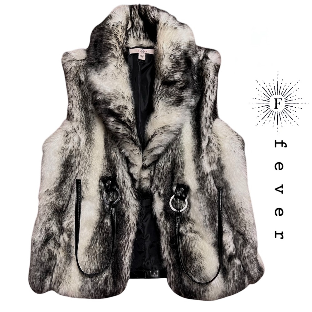Fever Black & White Faux Fur Vest w/ Vegan Leather Trim & Tie Waist, Sz S NWOT